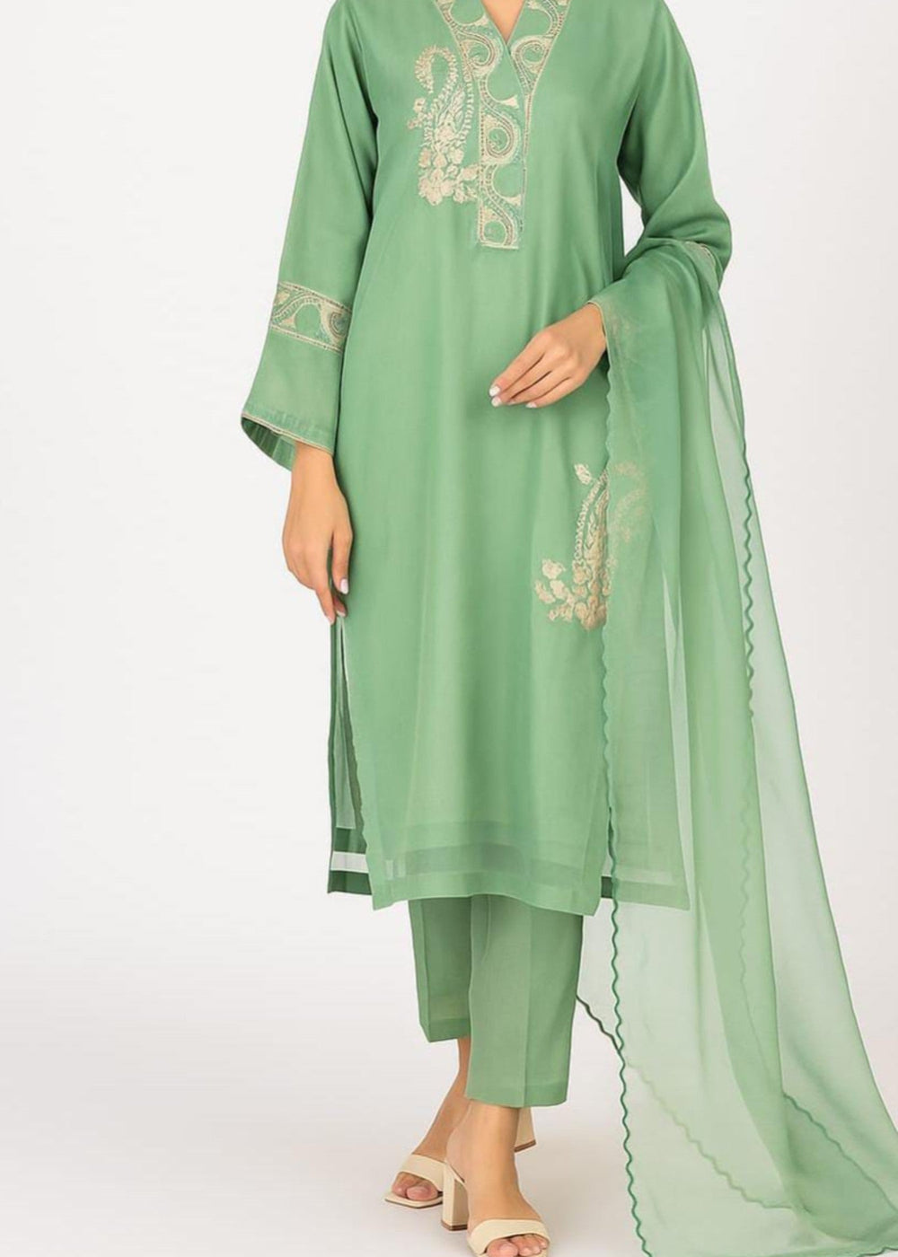 6teen - 3 Pieces Organza Embroidered Suit(Pret) Seam Green