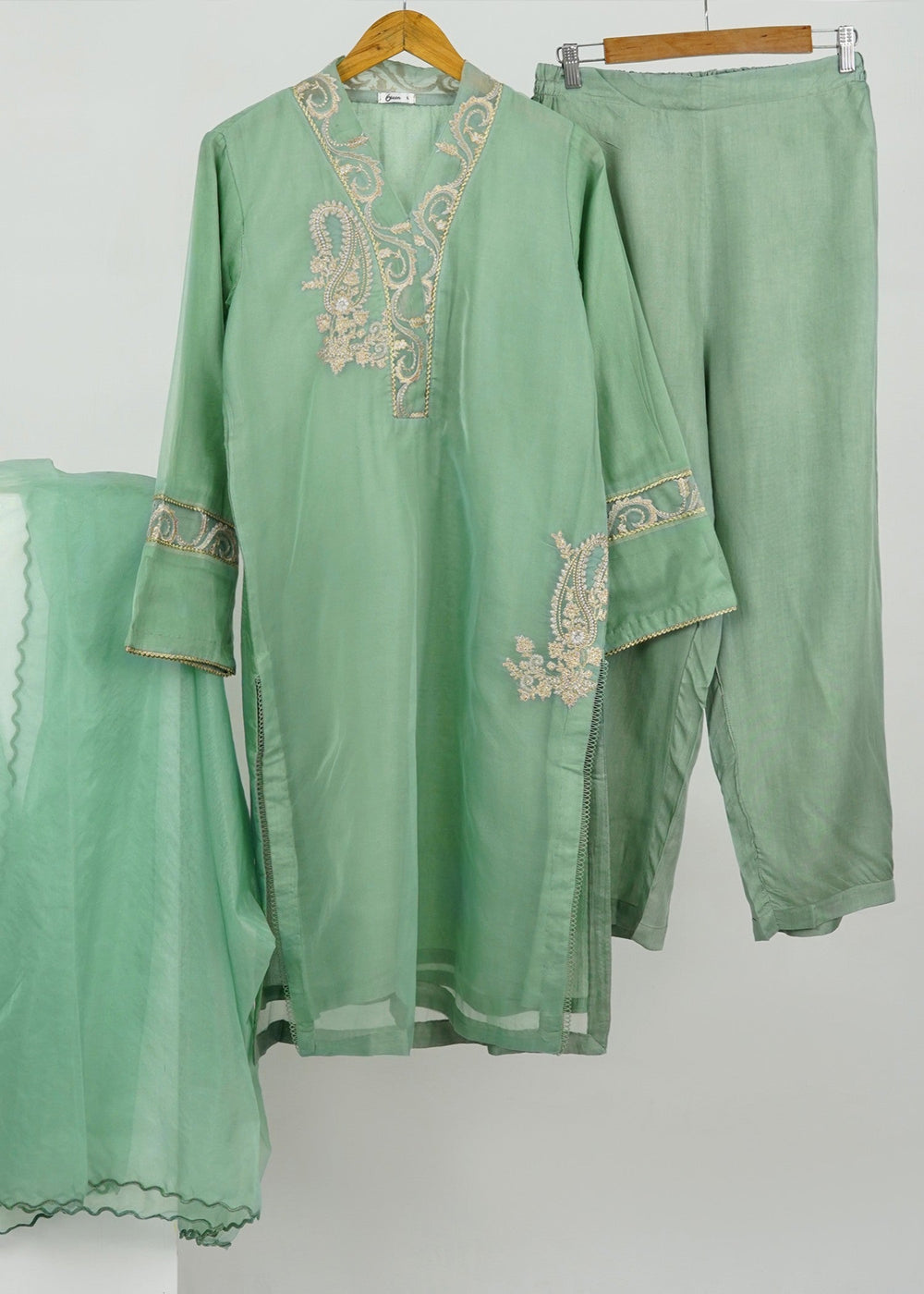 6teen - 3 Pieces Organza Embroidered Suit(Pret) Seam Green