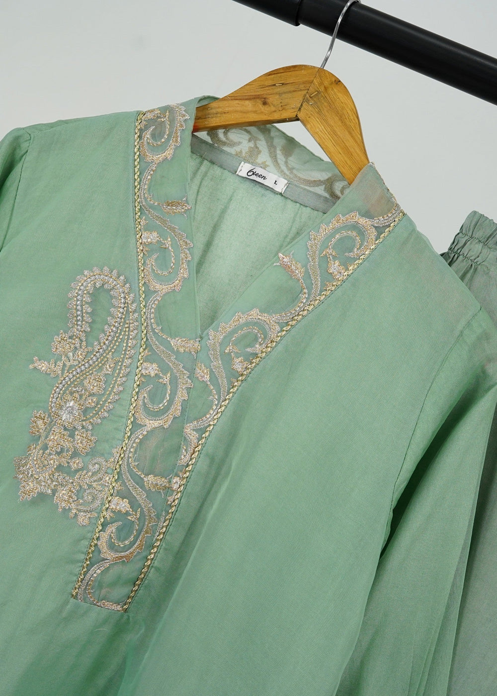 6teen - 3 Pieces Organza Embroidered Suit(Pret) Seam Green