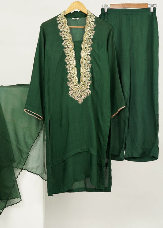 6teen - 3 Pieces Raw Silk Suit Embroidered (Pret) Green