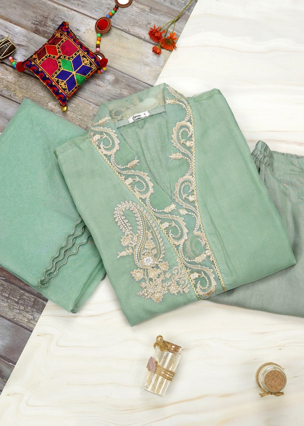 6teen - 3 Pieces Organza Embroidered Suit(Pret) Seam Green