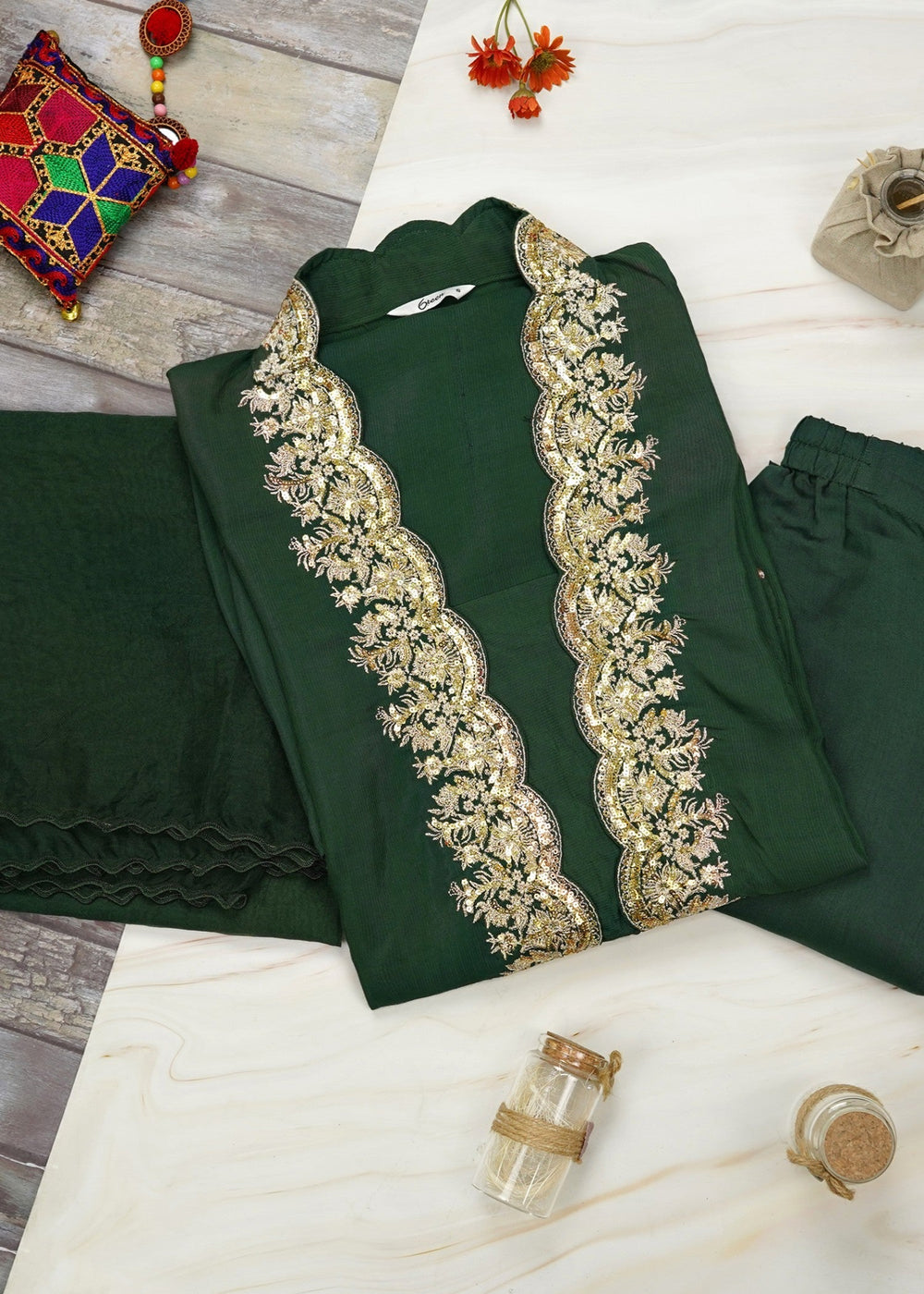 6teen - 3 Pieces Raw Silk Suit Embroidered (Pret) Green
