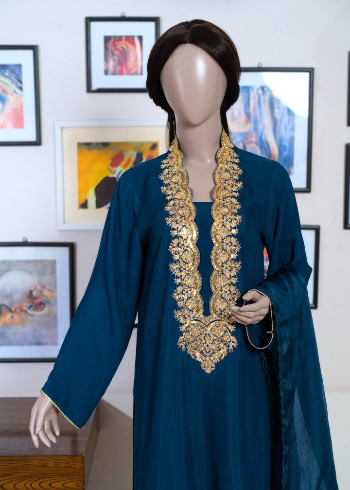 6teen - 3 Pieces Raw Silk Suit Embroidered (Pret) Blue