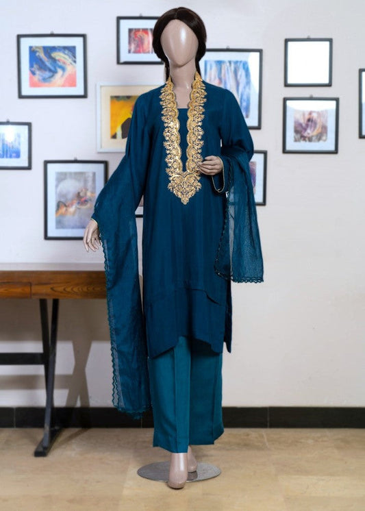 6teen - 3 Pieces Raw Silk Suit Embroidered (Pret) Blue
